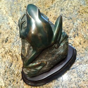 Beautiful Verdigris Bronze Frog on Rock with Wood Base